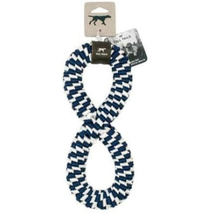 A navy and white braided infinity tug toy from Tall Tails, hanging on its packaging with a dog silhouette tag.