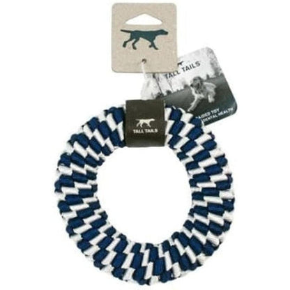 A Tall Tails Navy Braider Ring Toy hangs from its tag with a dog photo visible.