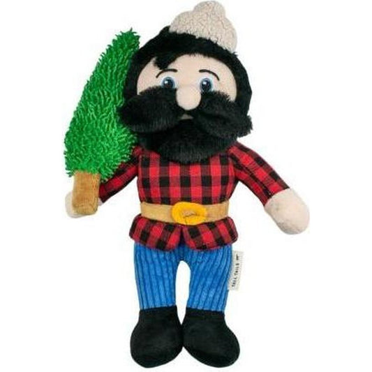 A front view of the Tall Tails Paul Bunyan Rope Body Dog Toy with a green tree and red plaid shirt against a white background.