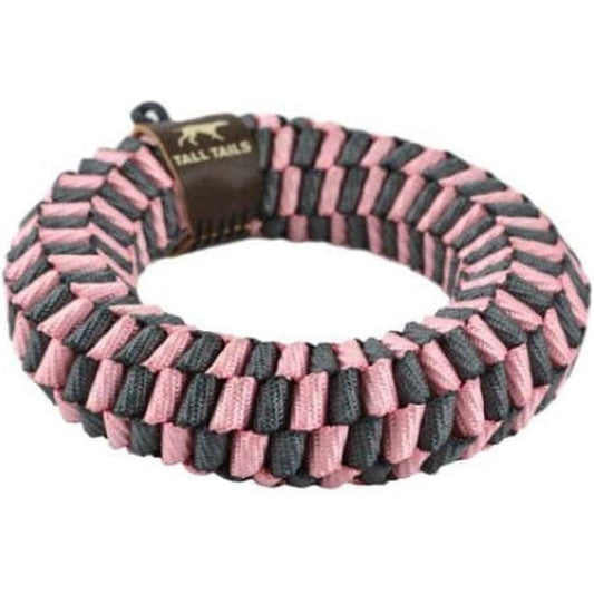 A pink and charcoal braided ring toy from Tall Tails, shown in a front view against a white background.