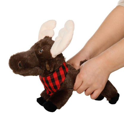 A close-up of the Tall Tails Plush Animated Moose Toy with a red and black checkered bandana, held by a person's hands against a white background.