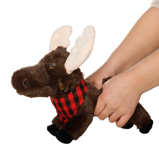 A close-up of the Tall Tails Plush Animated Moose Toy with a red and black checkered bandana, held by a person's hands against a white background.