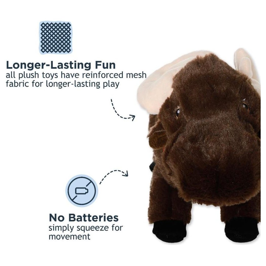 A front view of the Tall Tails Plush Animated Moose Toy showing the "Longer-Lasting Fun" reinforced mesh fabric feature.