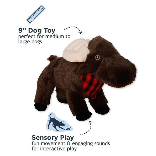 A front view of the Tall Tails Plush Animated Moose Toy with a red and black striped scarf, showing its 9-inch size and sensory play features.