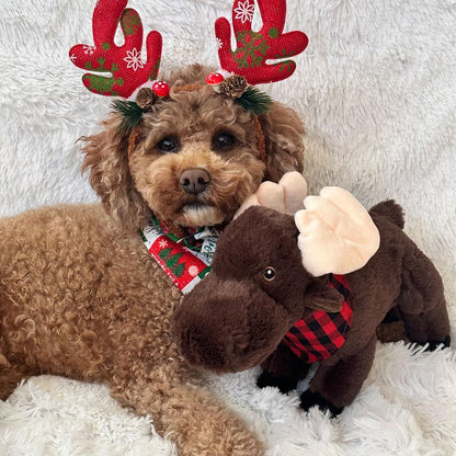 A brown dog wearing reindeer antlers lies next to a Tall Tails Plush Animated Moose Toy on a white fuzzy background.
