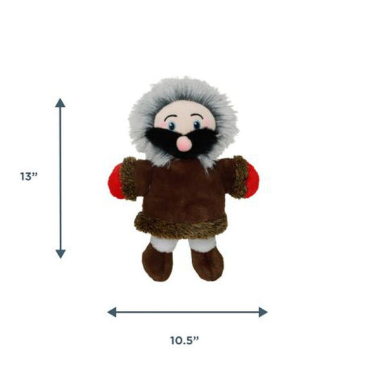 Tall Tails Plush Explorer Squeaker Toy shown from front with brown fur, red mittens, and size measurements against white background.