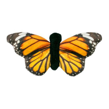 A front view of the Tall Tails Plush Monarch Squeaker Toy with orange and black wings against a white background.