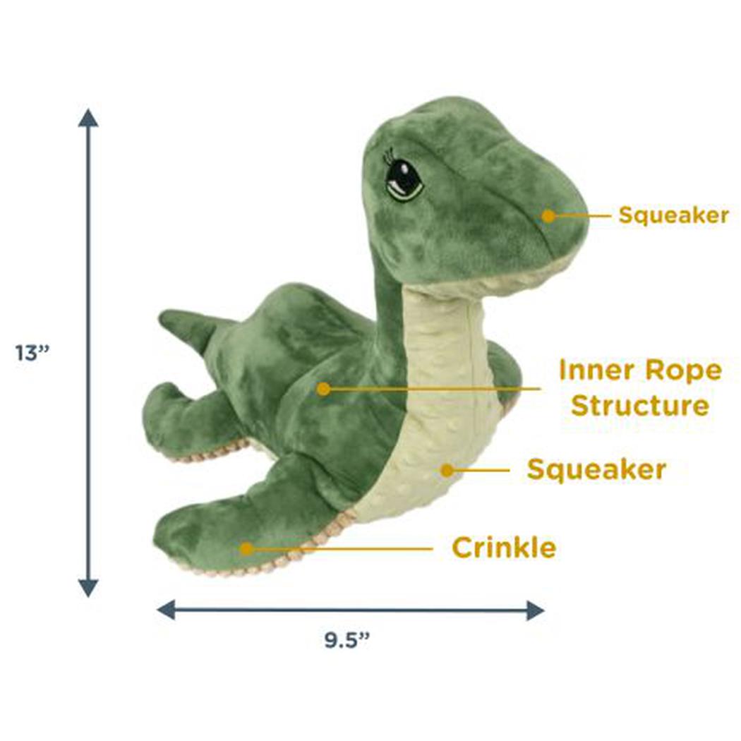 A 13" Tall Tails Plush Nessie SqueakCrinkle / Inner Rope Toy in green showing its features and dimensions.