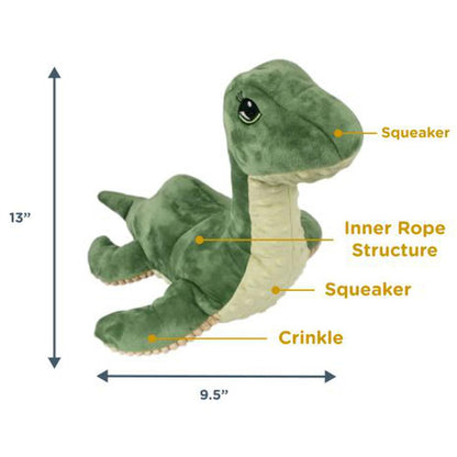 A 13" Tall Tails Plush Nessie SqueakCrinkle / Inner Rope Toy in green showing its features and dimensions.