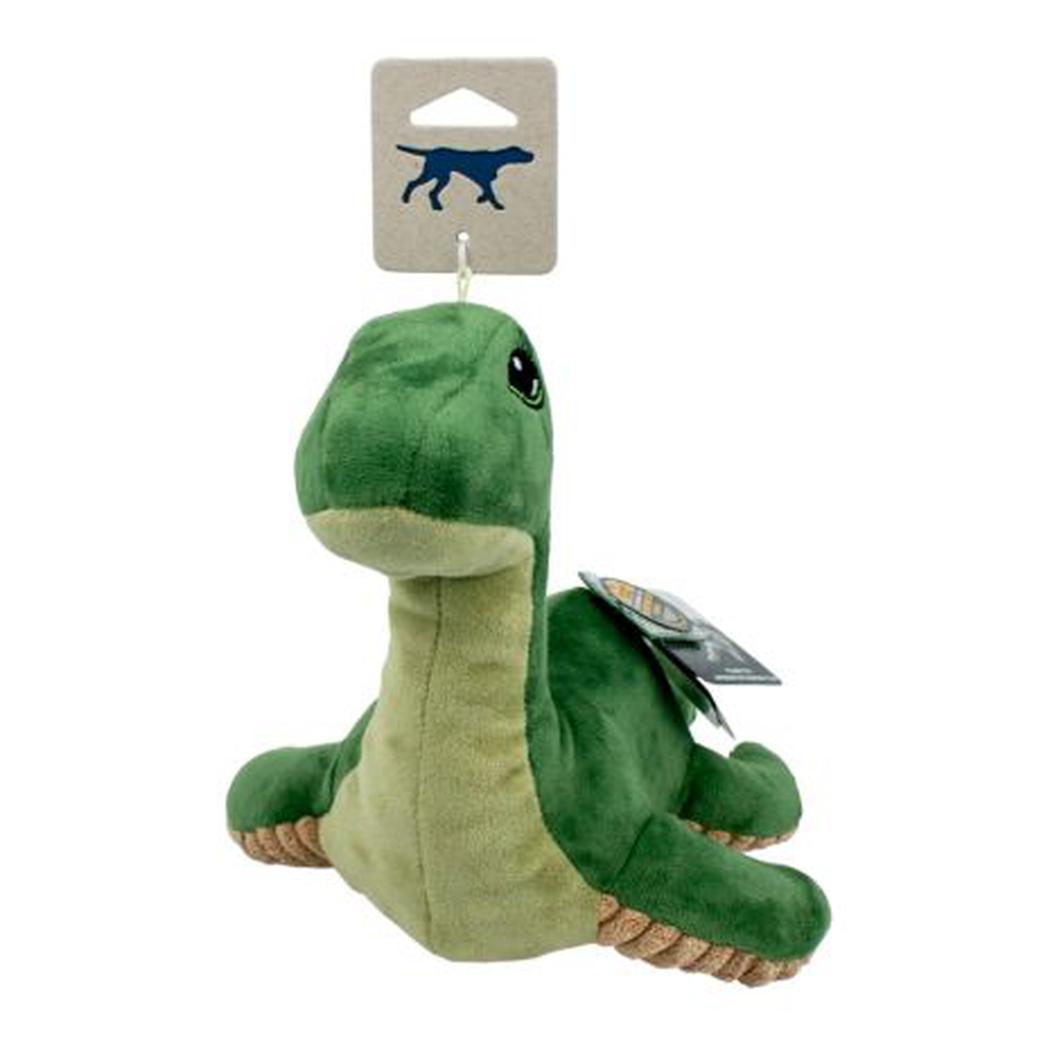 A green plush Tall Tails Plush Nessie SqueakCrinkle toy with a rope bottom sits against a white background.