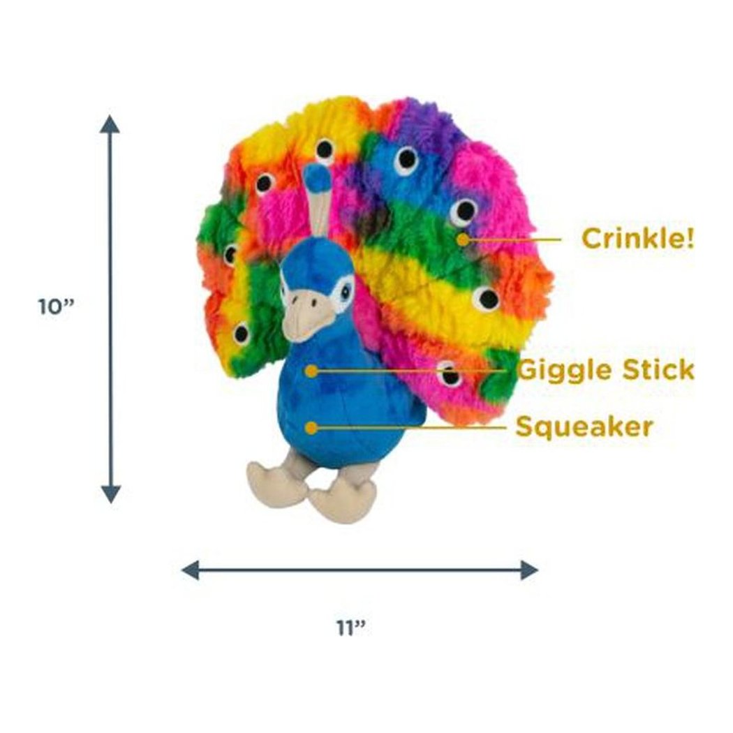A front view of the Tall Tails Plush Peacock Squeaker Toy showing its colorful crinkle tail and features against a white background.