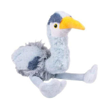 A front view of the Tall Tails Plush Rope Body Heron Squeaker Toy - 16" with a yellow beak and gray legs against a white background.