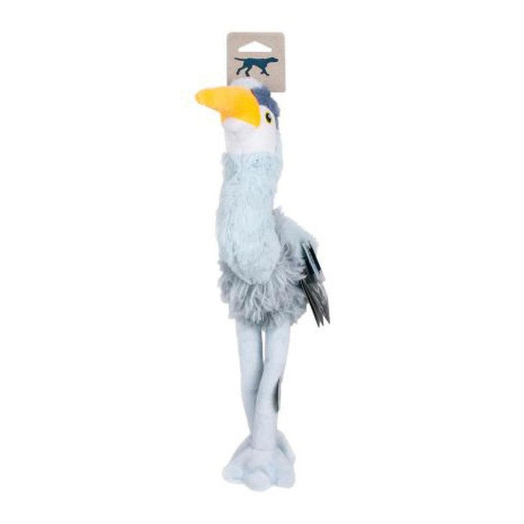 Tall Tails Plush Rope Body Heron Squeaker Toy - 16" standing upright with a yellow beak and light blue body against a white background.