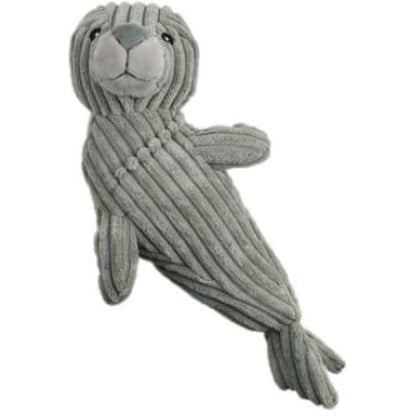 A front view of the Tall Tails Plush Seal Squeak & Crunch Toy in Charcoal/Graphite showing its striped body and fish tail against a white background.