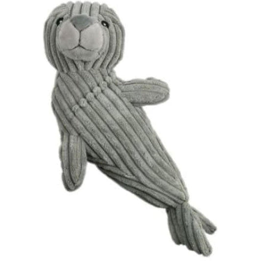 A front view of the Tall Tails Plush Seal Squeak & Crunch Toy in Charcoal/Graphite showing its striped body and fish tail against a white background.