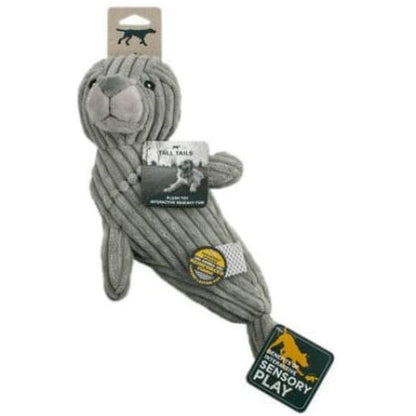 A front view of the Tall Tails Plush Seal Squeak & Crunch Toy in Charcoal/Graphite against a white background.