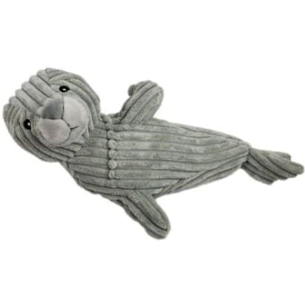 A gray Tall Tails Plush Seal Squeak & Crunch Toy lies on its side against a white background.