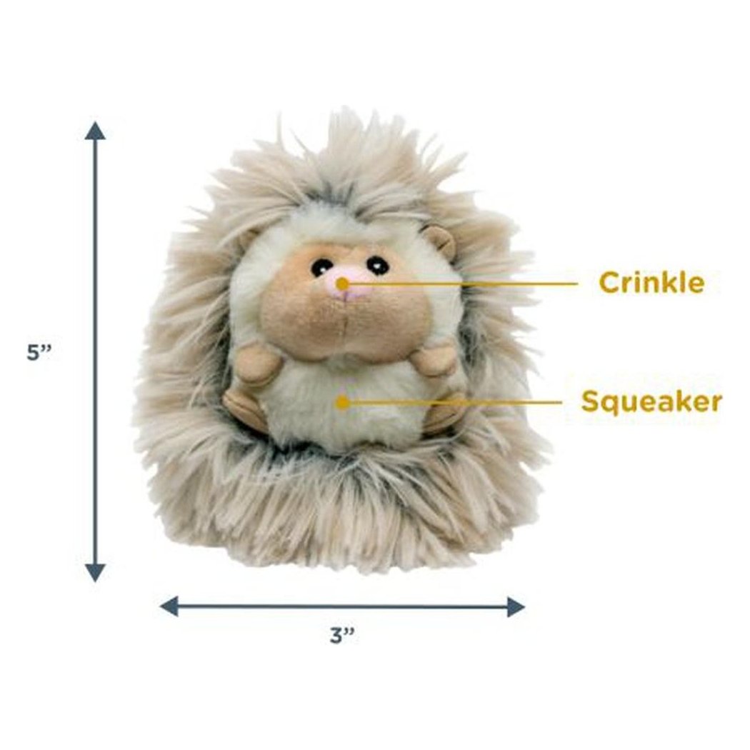 A 5" Tall Tails Real Feel Fluffy Mini Hedgehog toy with a crinkle nose and squeaker feature, shown from front against a white background.