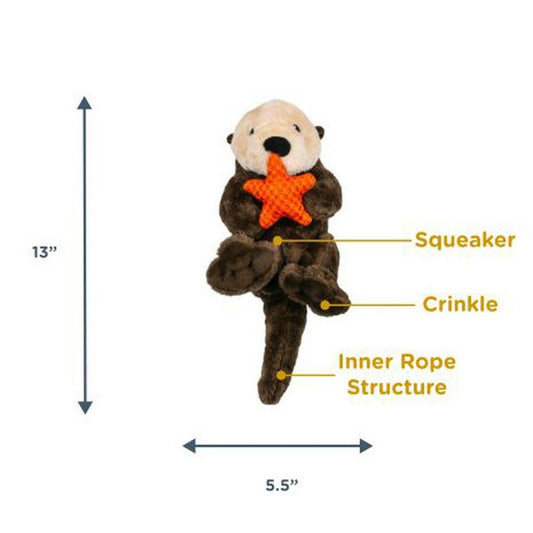 A 13-inch Tall Tails Rope Body Otter toy with an orange star, showing its squeaker, crinkle, and inner rope structure features.