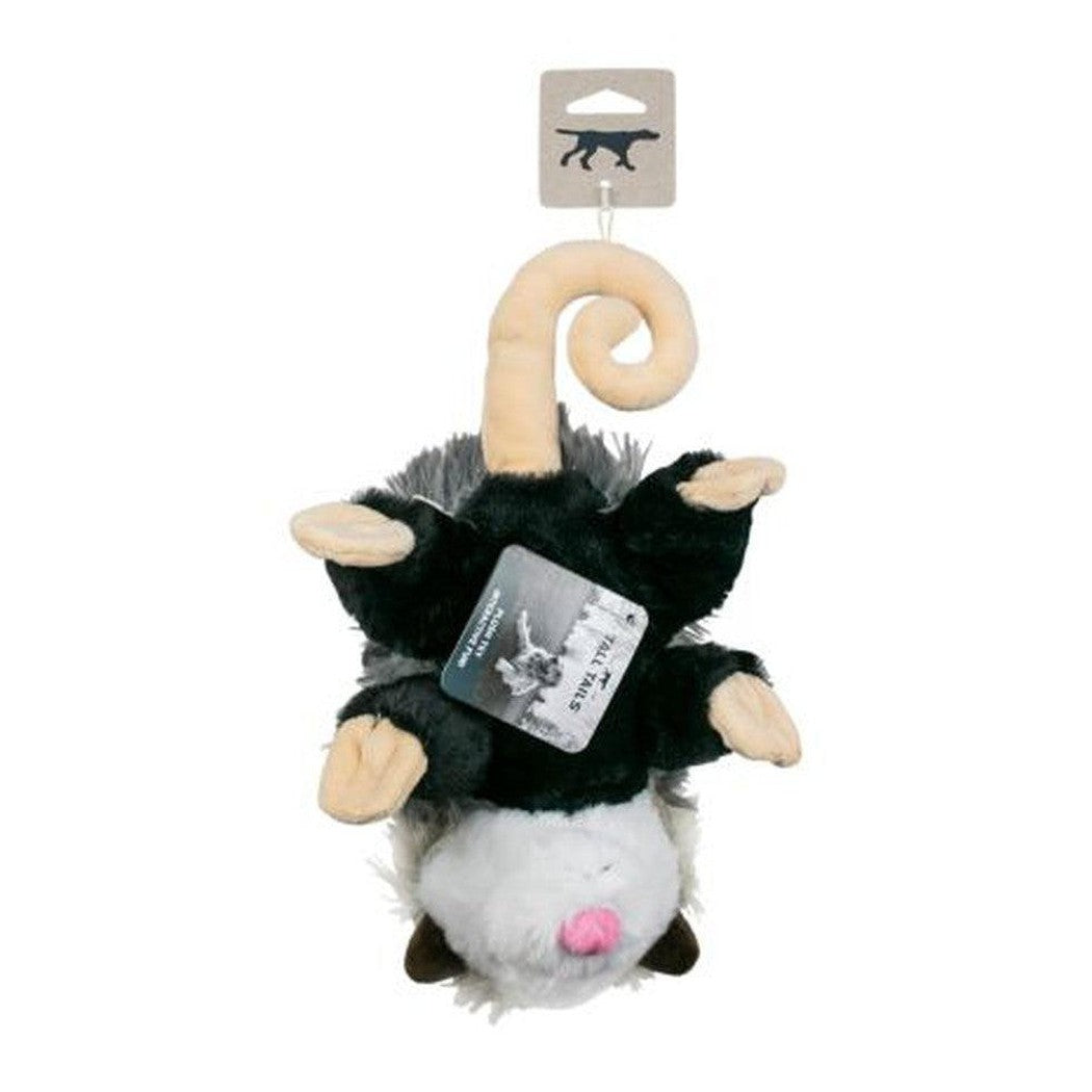 A hanging Tall Tails Rope Body Possum 12" toy with a curled tail and a tag, shown from below against a white background.