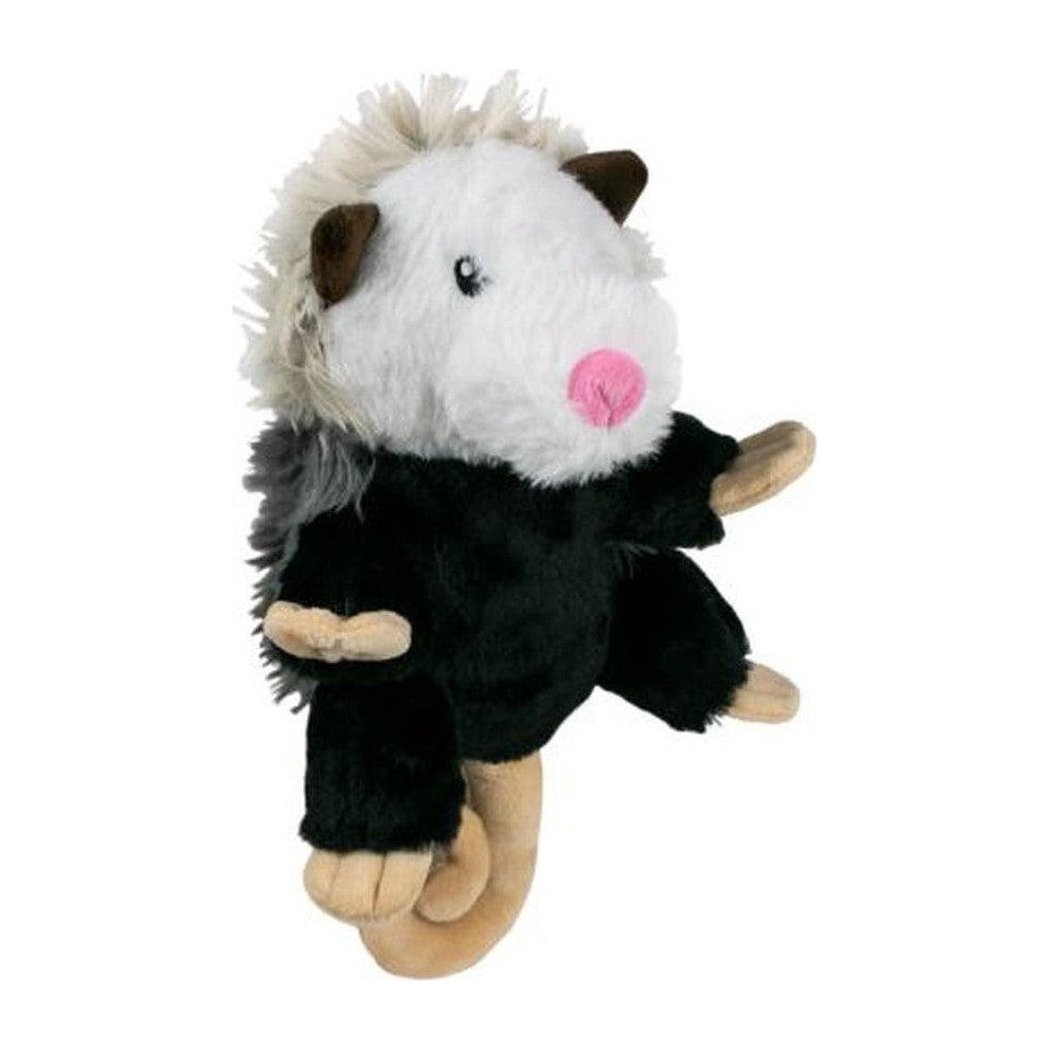 A front view of the Tall Tails Rope Body Possum 12" toy with a black body and white face against a white background.