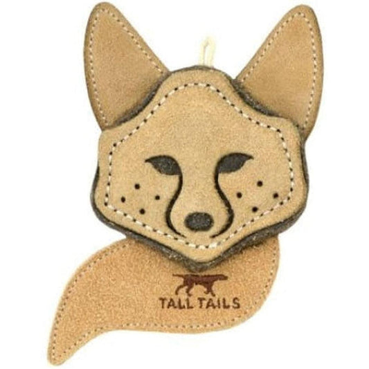 A close-up of the Tall Tails Scrappy Fox Toy in tan, showing its stitched details and the "Tall Tails" logo on the tail.