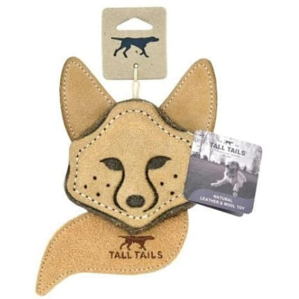 A close-up of the Tall Tails Scrappy Fox Toy with its tag visible against a white background.