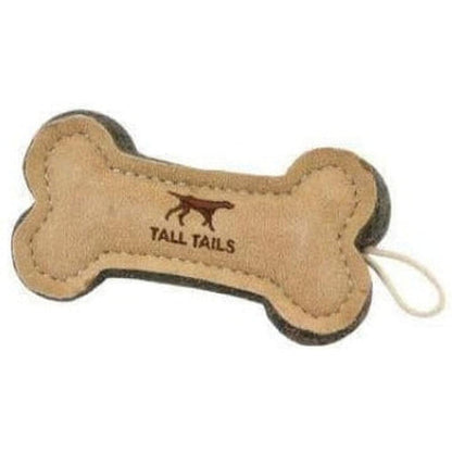 A close-up of the Tall Tails Wool Bone Toy showing the logo and a white string against a plain background.