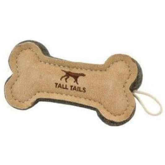 A close-up of the Tall Tails Wool Bone Toy showing the logo and a white string against a plain background.