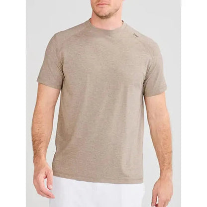 A front view of the Tasc Carrollton Fitness T-Shirt in Heather Gray on a model against a light background.