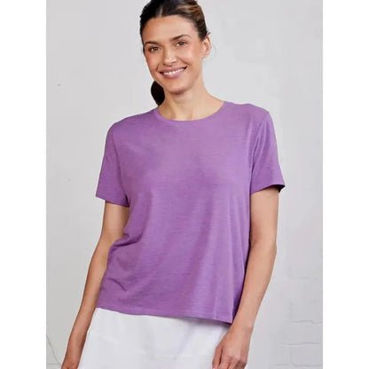 A front view of the Tasc Women's All Day T in Coast color on a model wearing it against a light background.
