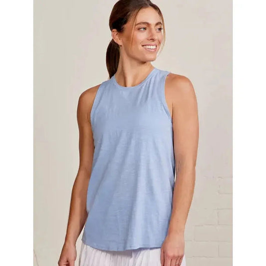 A front view of the Tasc Women's Nola Tank 2.0 in Heritage Blue on a model with a white background.