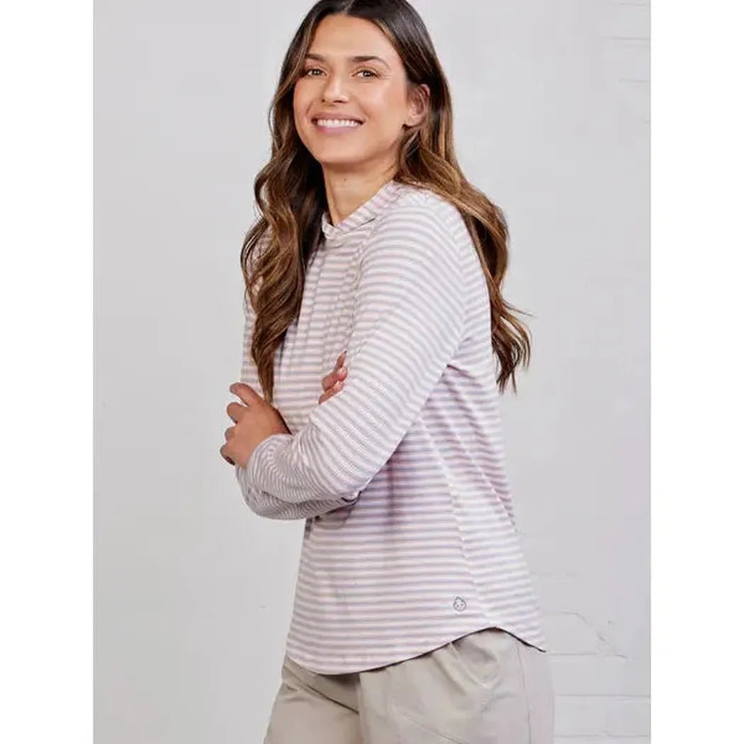 Side view of the Tasc Women's Recess Hoodie - Stripe with white/heritage blue/papaya stripes against a light gray background.