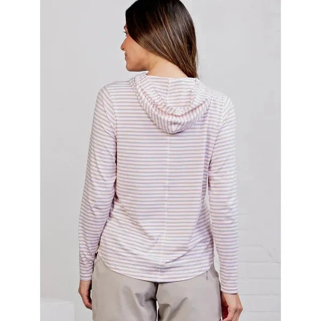 Back view of the Tasc Women's Recess Hoodie - Stripe with white/heritage blue/papaya stripes on a light background.