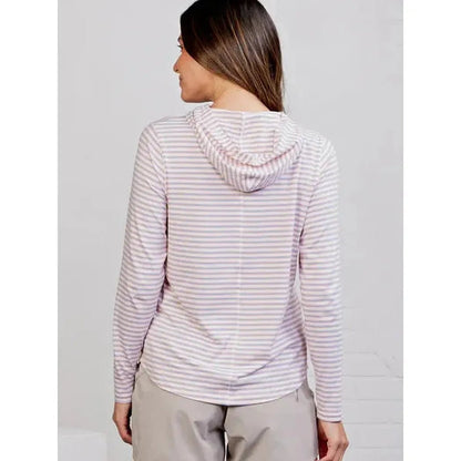 Back view of the Tasc Women's Recess Hoodie - Stripe with white/heritage blue/papaya stripes on a light background.