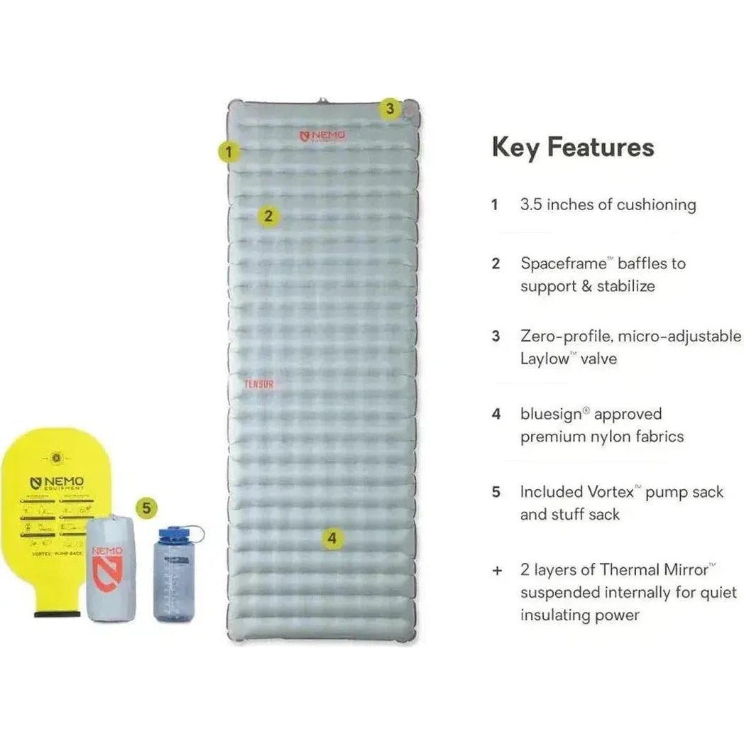 Side view of the Tensor All-Season Ultralight Insulated Sleeping Pad showing its key features and included pump sack against a white background.