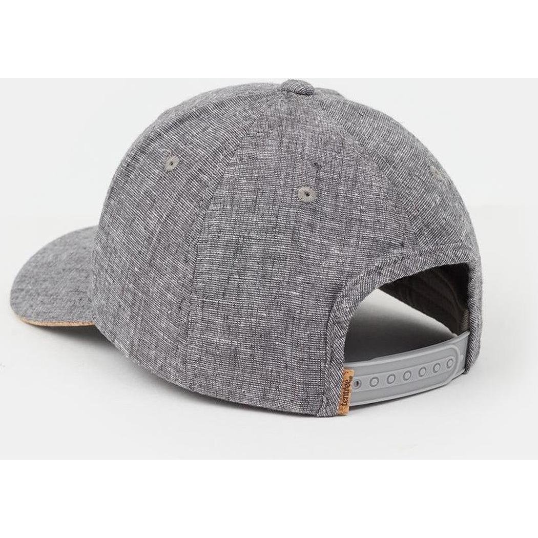 Back view of the Tentree Cork Icon Hemp Elevation Hat in Graphite Heather showing the adjustable strap and textured fabric against a white background.