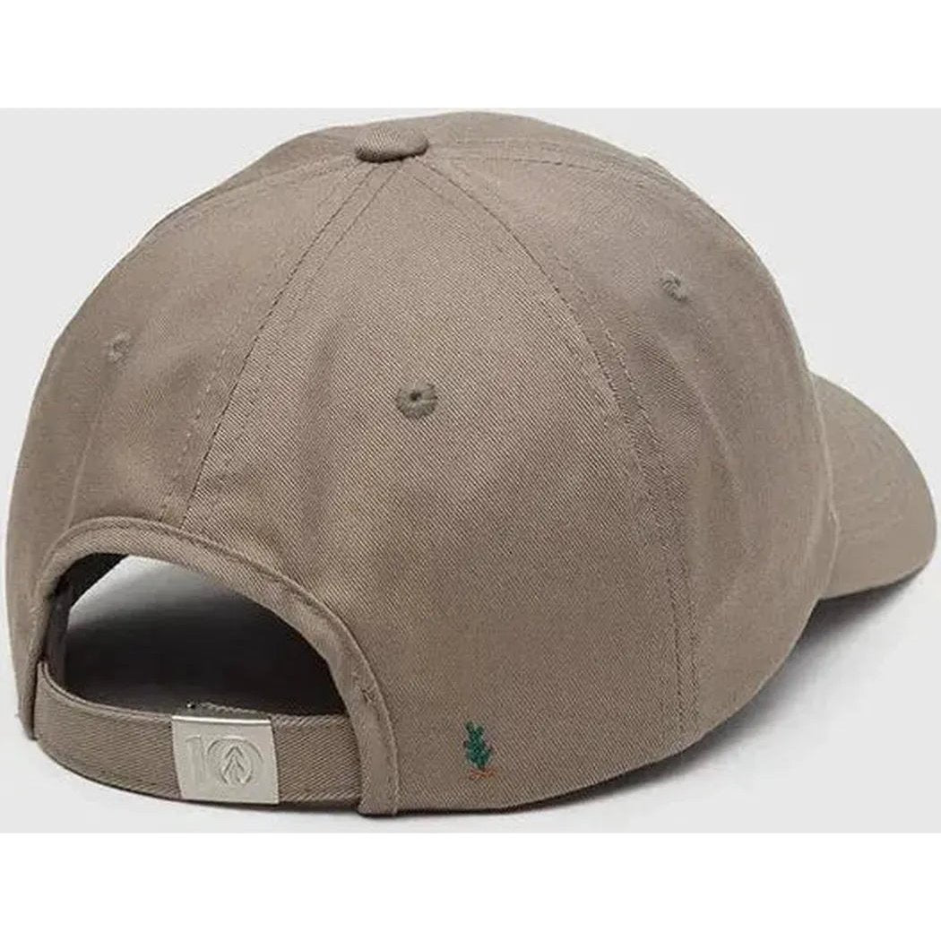 Back view of the Tentree Sasquatch Peak Hat in Clay/Adirondack showing the adjustable strap and small green logo on the side.