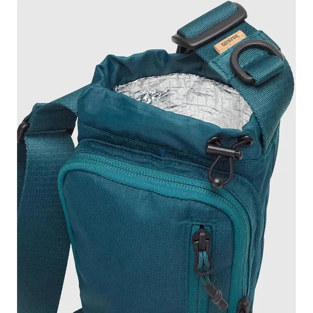 Close-up of the Tentree Trail Sling in Jasper showing the insulated pocket and zippered compartment against a light background.