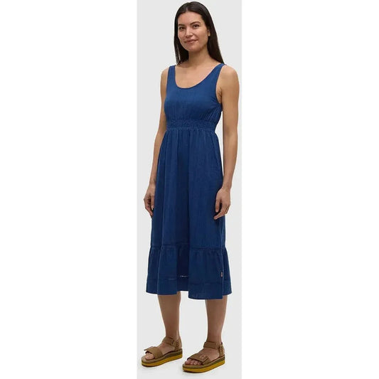 A front view of the Tentree Women's Arcadian Dress in Nightfall showing the tiered hem and model wearing it against a white background.