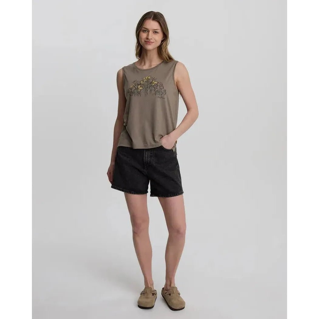 A model wearing the Tentree Women's Lakeside Florals Tank in Clay/Timber stands against a plain white background.