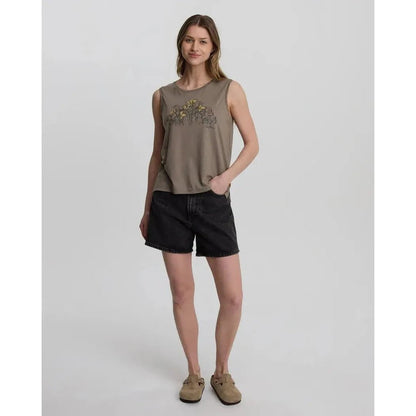 A model wearing the Tentree Women's Lakeside Florals Tank in Clay/Timber stands against a plain white background.