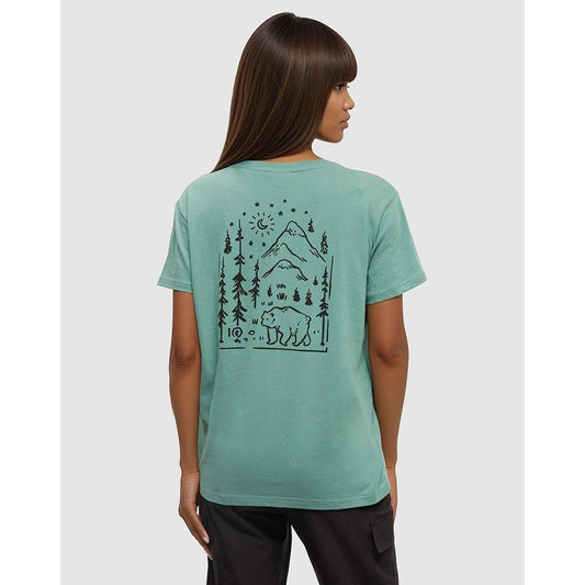 Back view of the Tentree Women's Regenerative Boreal Bear T-Shirt in JadeMetoriBlack on a model against a plain background.