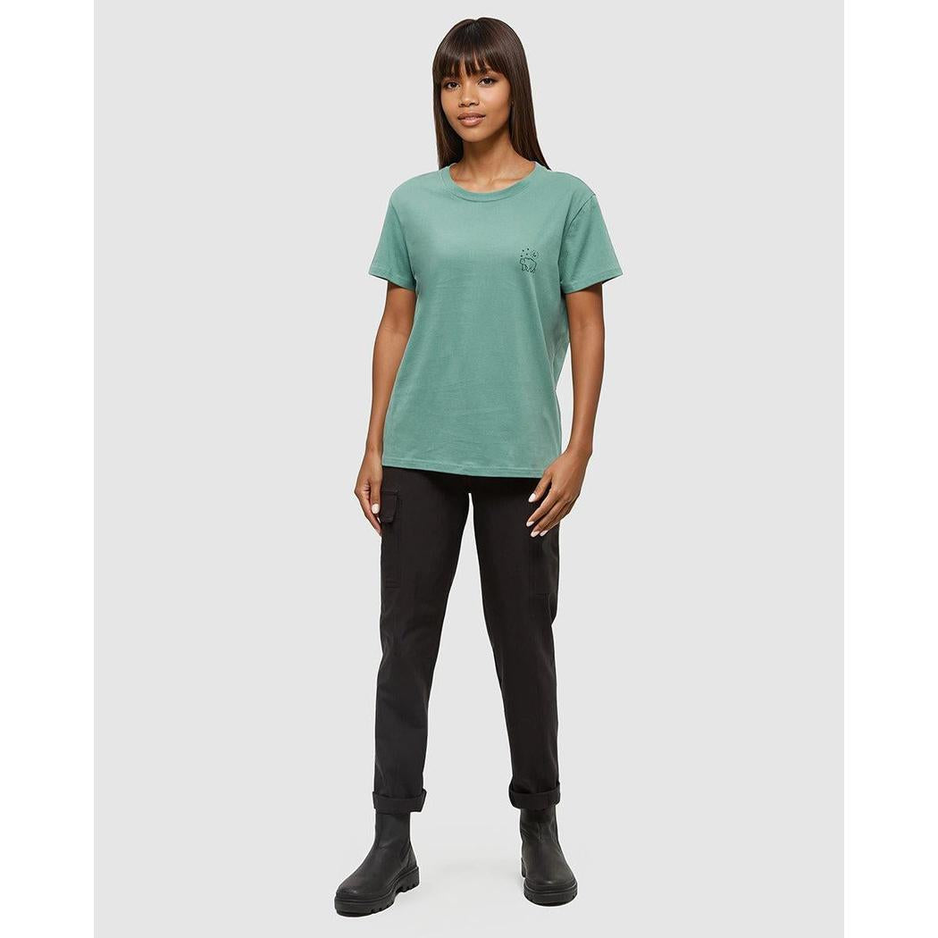 A front view of the Tentree Women's Regenerative Boreal Bear T-Shirt in JadeMetoriBlack on a model against a light gray background.
