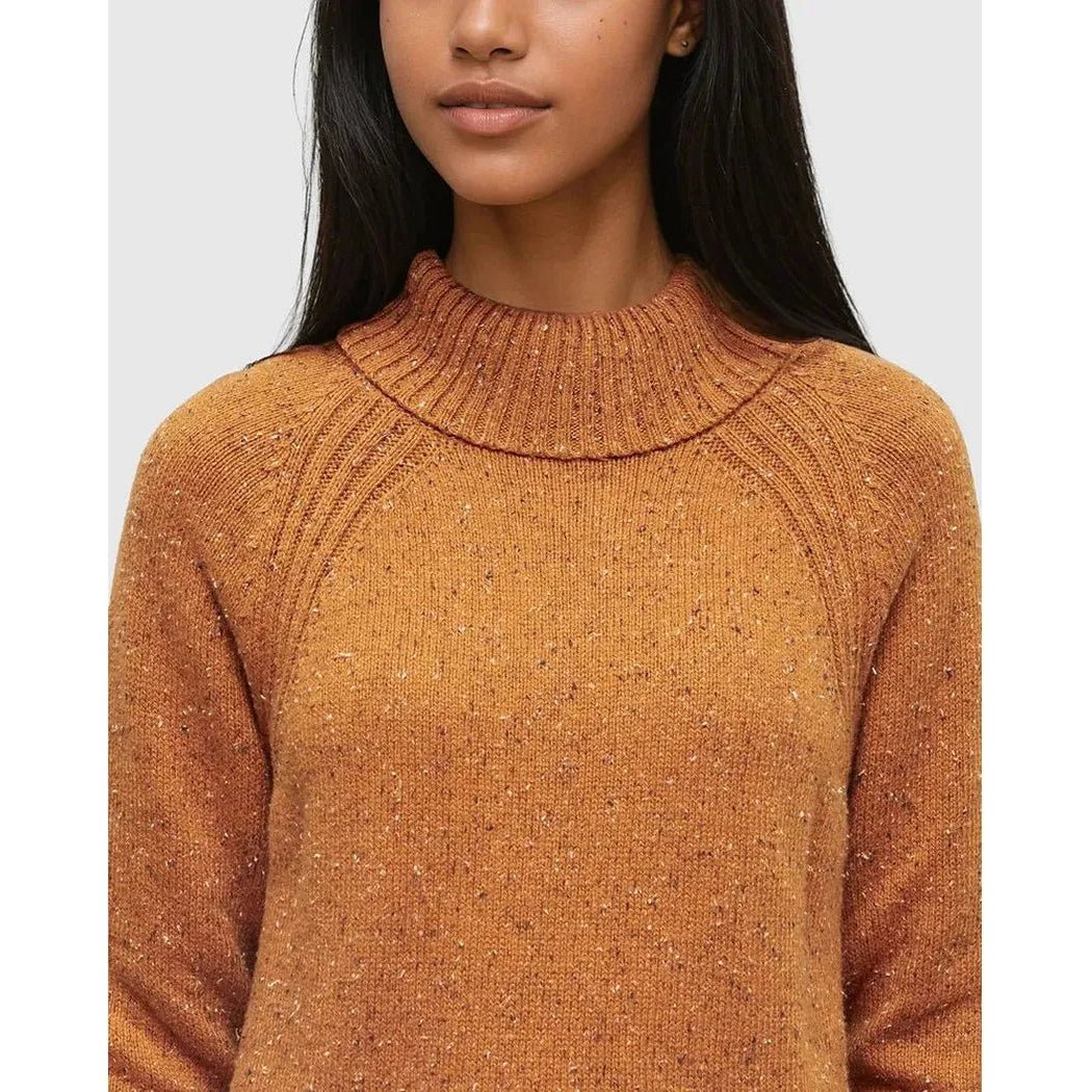 A front view of the Tentree Women's Spokane Nep Sweater in Burnt Caramel Nep on a model with a plain white background.