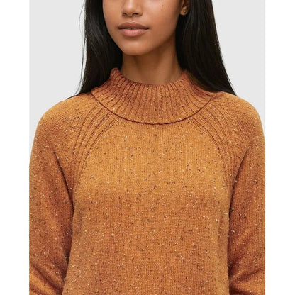 A front view of the Tentree Women's Spokane Nep Sweater in Burnt Caramel Nep on a model with a plain white background.