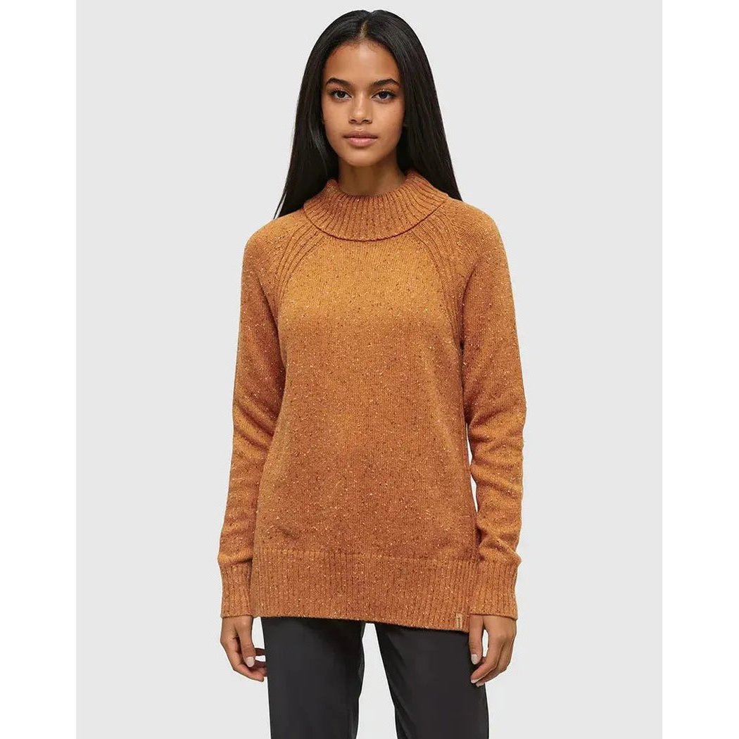 A model wears the Tentree Women's Spokane Nep Sweater in Burnt Caramel Nep against a plain white background.