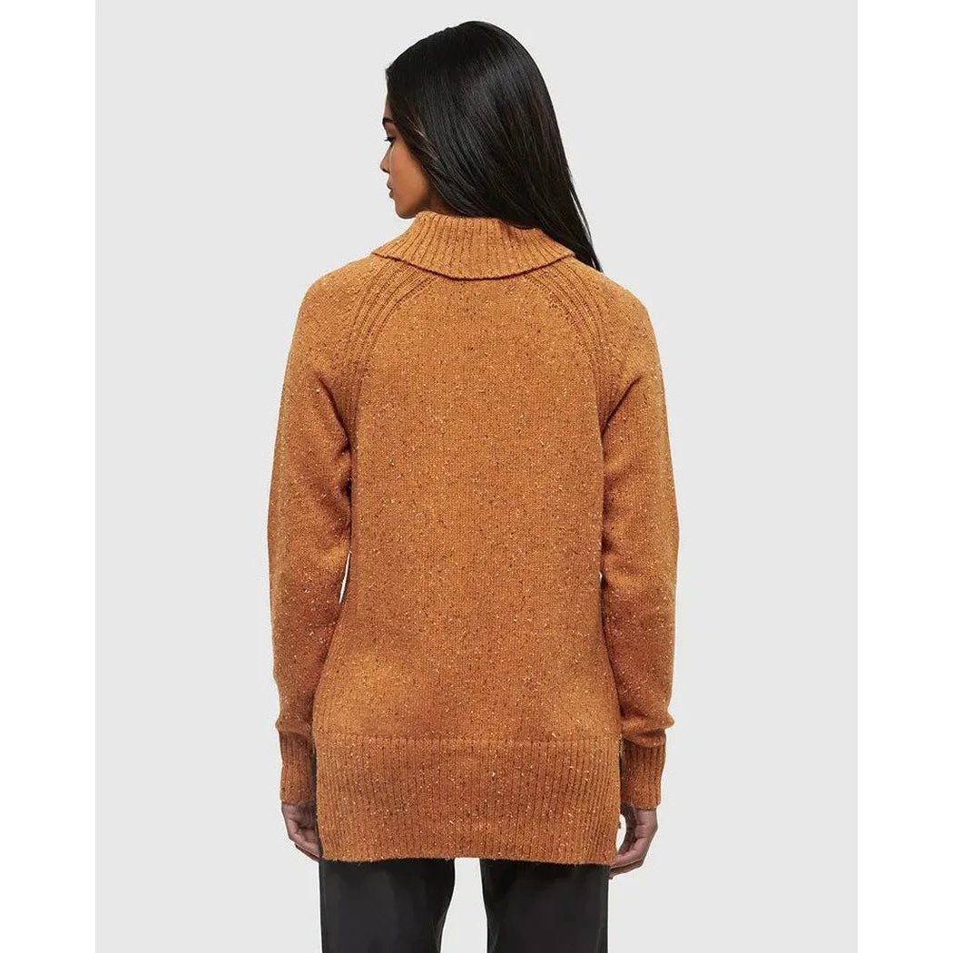 Back view of the Tentree Women's Spokane Nep Sweater in Burnt Caramel Nep, showing the turtleneck and long sleeves on a model against a plain background.