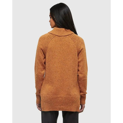 Back view of the Tentree Women's Spokane Nep Sweater in Burnt Caramel Nep, showing the turtleneck and long sleeves on a model against a plain background.