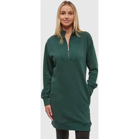 A model wears the Tentree Women's Weston Dress in Forest Pine, a long-sleeved dress with a half-zip neck, against a plain white background.